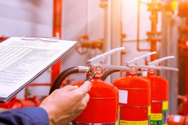 Técnico com prancheta inspecionando extintores e tubulações de combate a incêndio